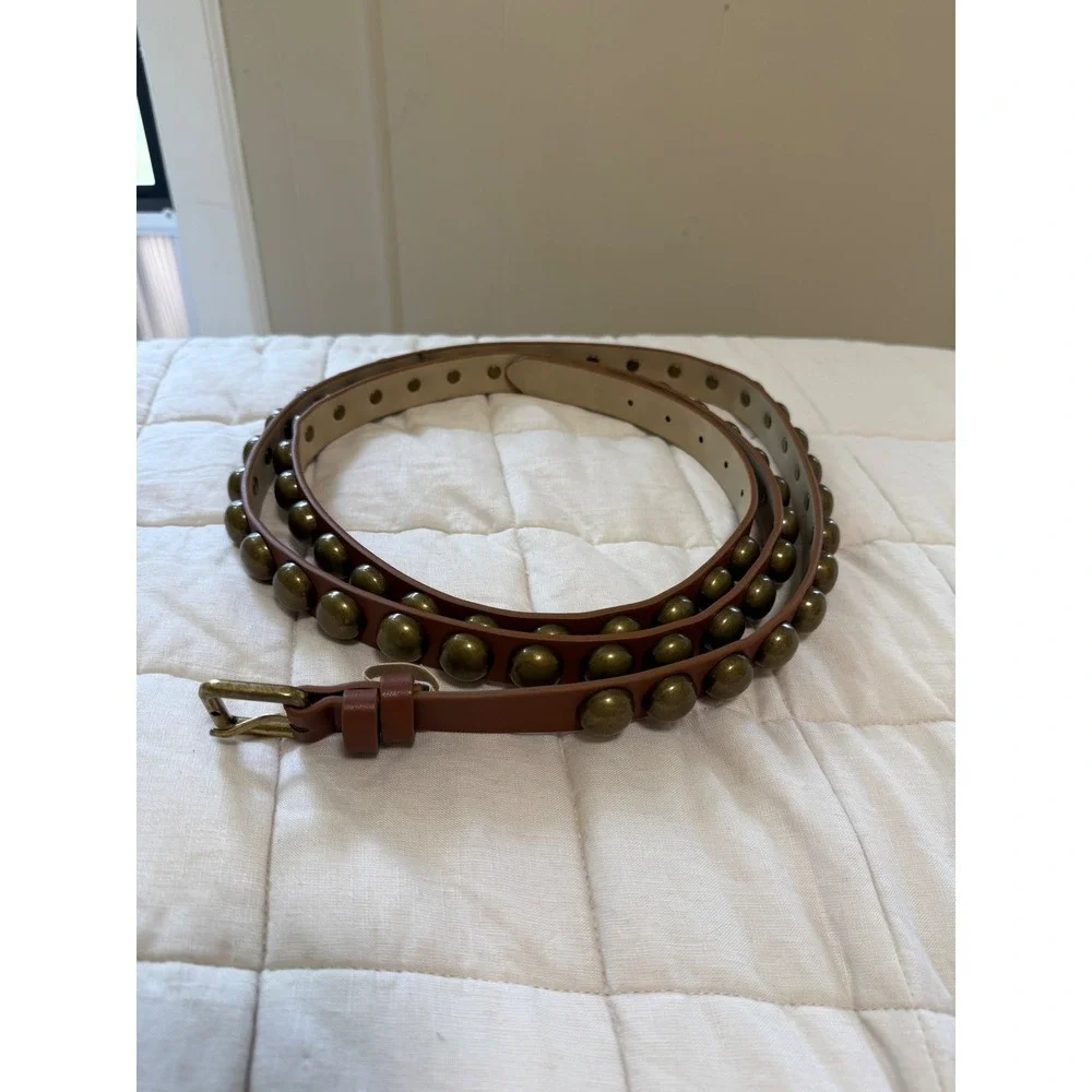 Brown Double Wrap Belt M Brass Dome Studded Faux Leather Boho Western Y2K Womens